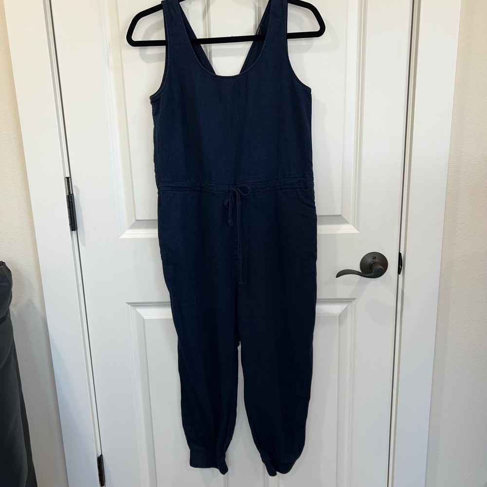 Anthropology Drew Linen Blend Cross Back Ankle Crop Jogger Jumpsuit Blue Small